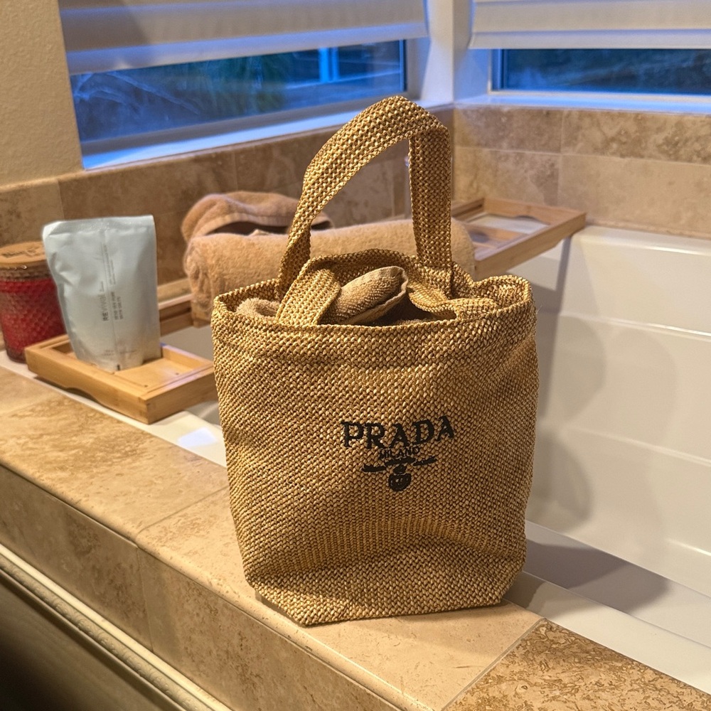 Prada Beige Woven Tote Pouch with Black Logo Print - Picture 2 of 3